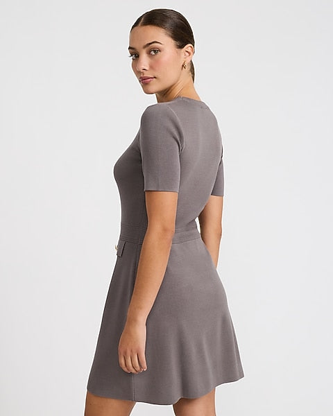 Crew Neck Novelty Button Tailored Mini Sweater Dress - Gray