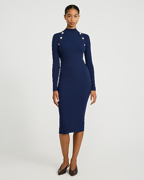 Ribbed Mock Neck Novelty Button Midi Sweater Dress