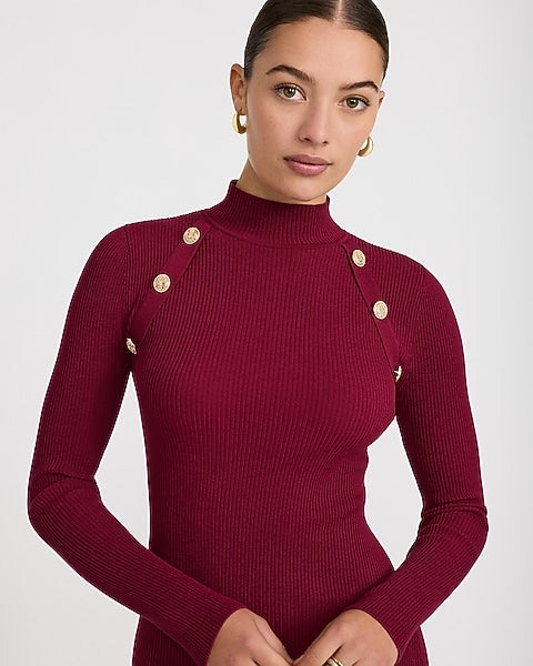 Ribbed Mock Neck Novelty Button Midi Sweater Dress