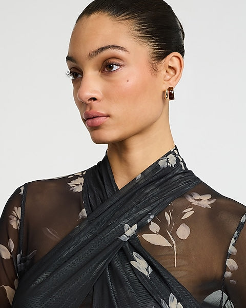 Floral Mesh Crossover Ruched Sheer Hem Maxi Dress - B&W Print