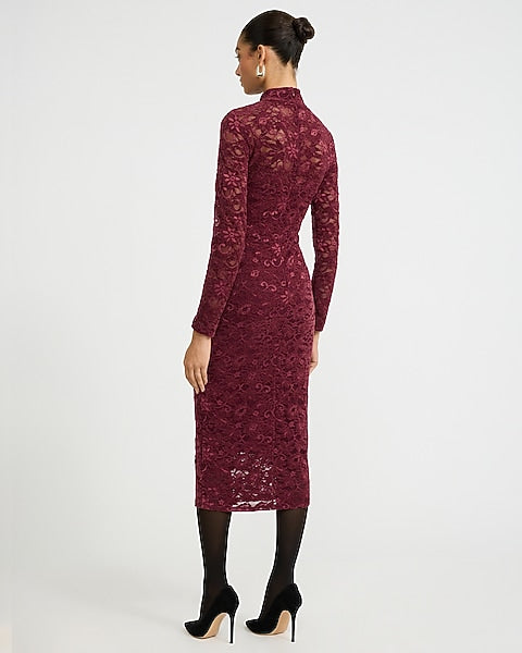 Velvet Lace Mock Neck Long Sleeve Midi Dress - Maroon