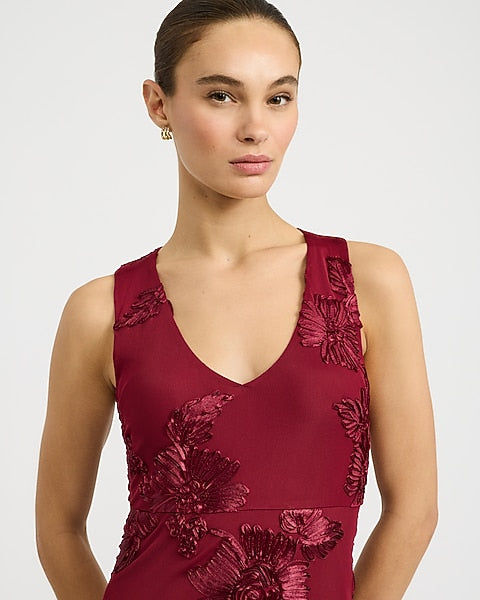 Floral Embellished Mesh V-Neck Cross Back Maxi Dress - WINE