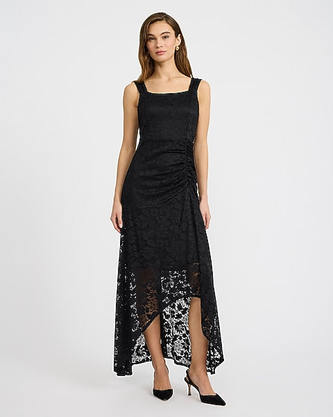 Lace Ruched Asymmetrical Hem Maxi Dress