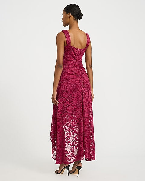 Lace Ruched Asymmetrical Hem Maxi Dress