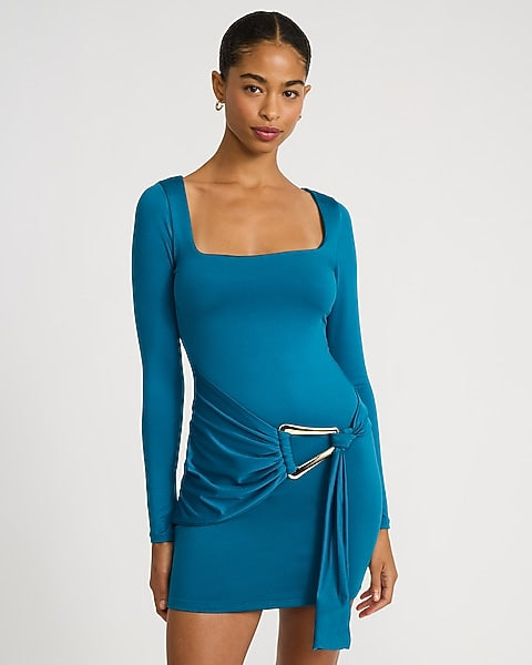 Jersey Knit Square Neck Long Sleeve Belted Mini Wrap Dress