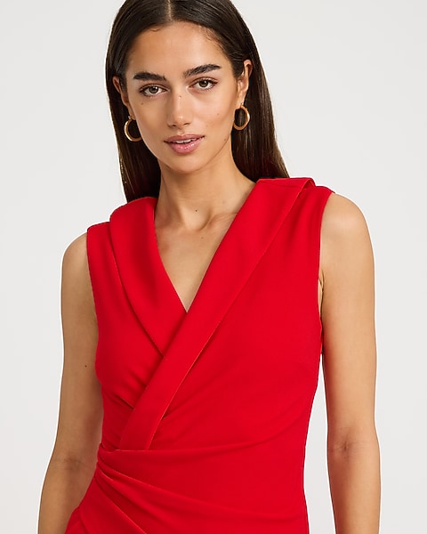 Crepe V-Neck Cap Sleeve Surplice Midi Sheath Dress