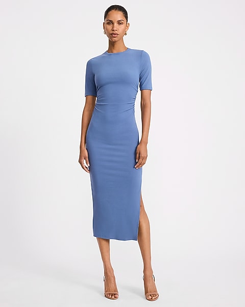 Ribbed Crew Neck Short Sleeve Ruched Maxi Dress
