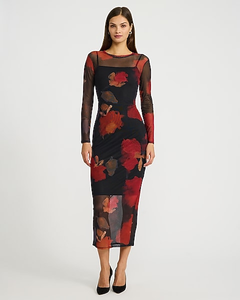 Floral Mesh Crew Neck Long Sleeve Maxi Dress - Red Print