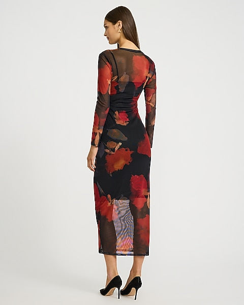 Floral Mesh Crew Neck Long Sleeve Maxi Dress - Red Print