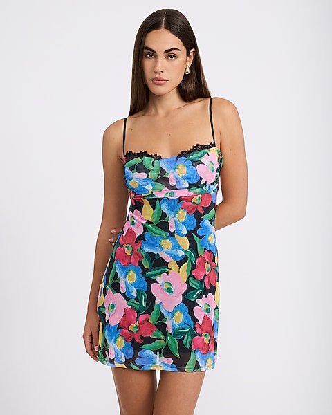 Floral Mesh Peekaboo Lace Mini Dress - Red Print