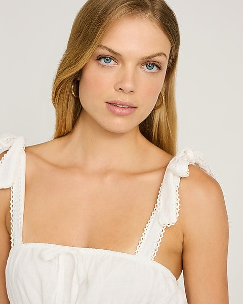 Eyelet Smocked Square Neck Tie Strap Tiered Midi Dress