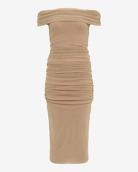 Mesh Shine Off The Shoulder Ruched Midi Sheath Dress