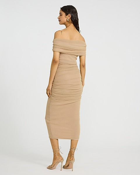 Mesh Shine Off The Shoulder Ruched Midi Sheath Dress