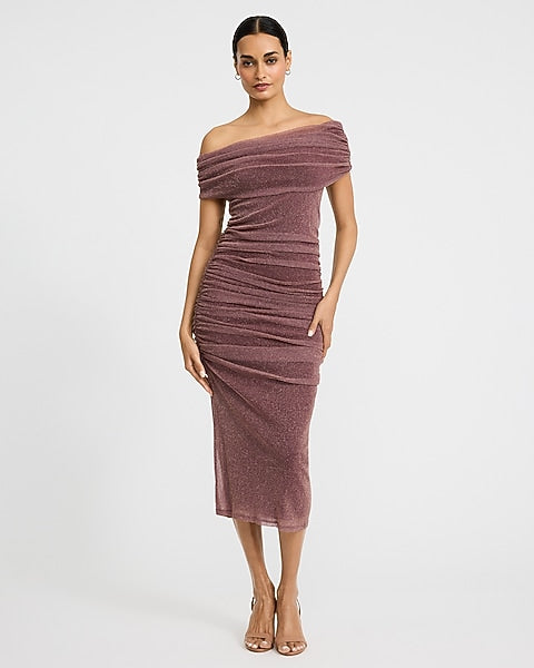 Mesh Shine Off The Shoulder Ruched Midi Sheath Dress