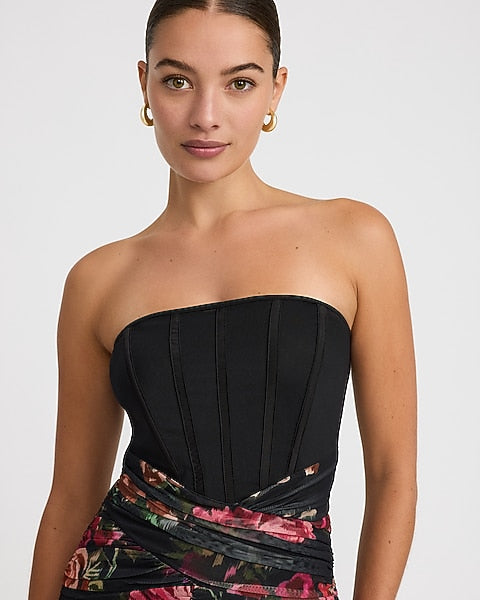Floral Mesh Strapless Corset Layered Ruched Maxi Dress - Black Print