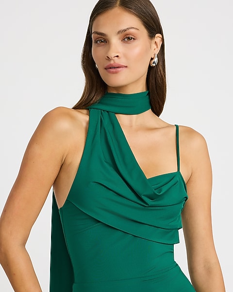 Scarf Neck Draped Knit Maxi Sheath Dress - hunter green