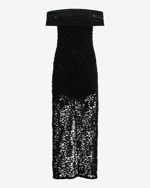 Lace Off The Shoulder Sheer Hem V-Back Maxi Dress - Pitch Black