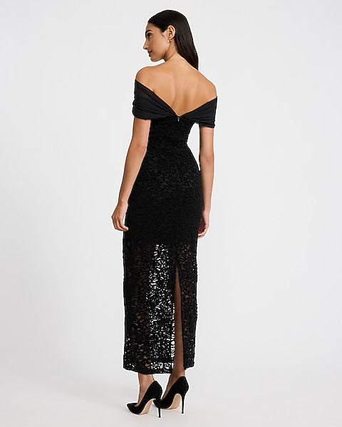 Lace Off The Shoulder Sheer Hem V-Back Maxi Dress - Pitch Black
