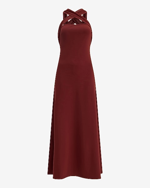 Mixed Media Crossover Halter Maxi Dress