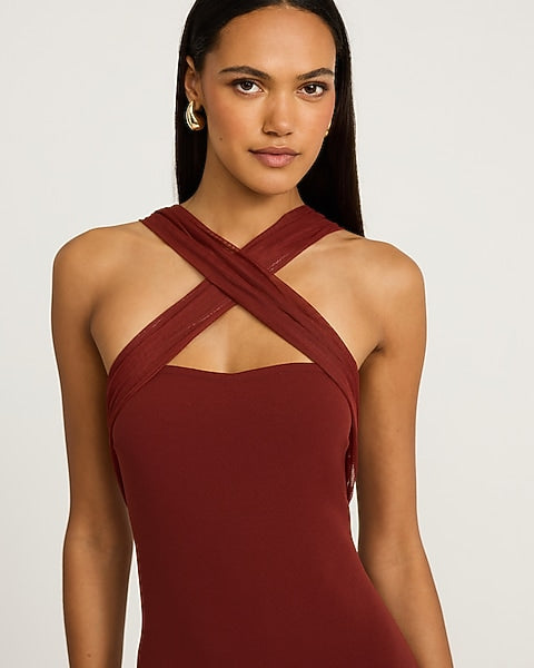 Mixed Media Crossover Halter Maxi Dress