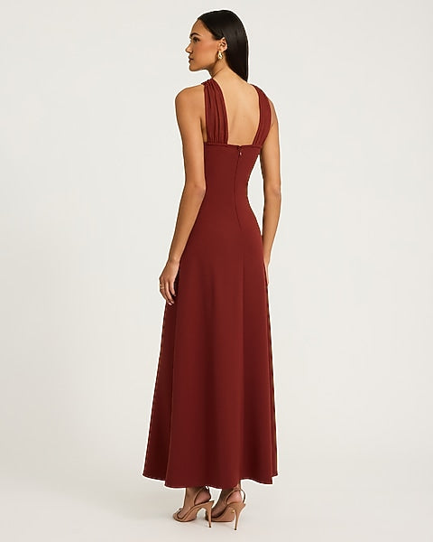 Mixed Media Crossover Halter Maxi Dress