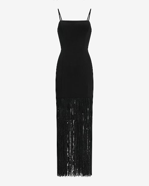 Square Neck Fringe Maxi Sheath Dress - Pitch Black