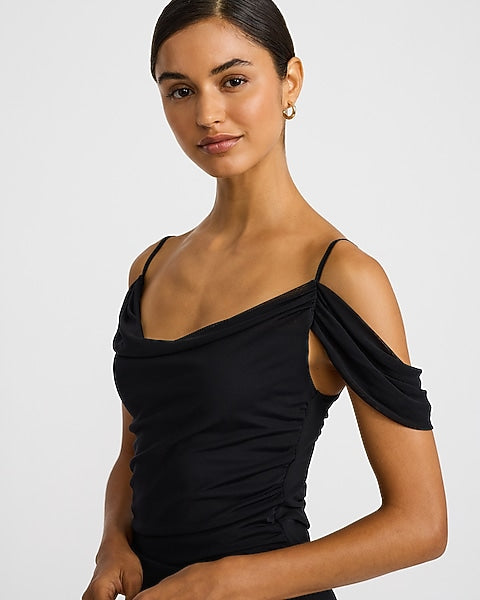 Mesh Cowl Neck Off The Shoulder Draped Maxi Dress