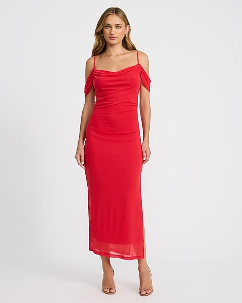 Mesh Cowl Neck Off The Shoulder Draped Maxi Dress