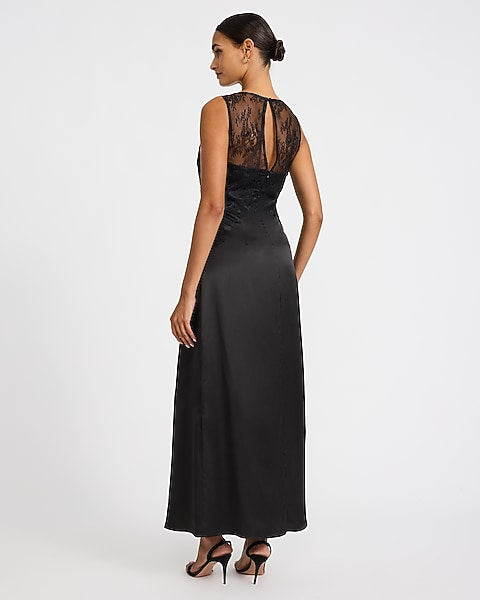 Satin Lace Pieced Crew Neck Maxi Slip Dress - Pitch Black