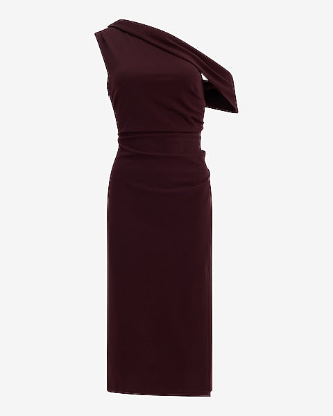 One Shoulder Draped Side Slit Midi Sheath Dress