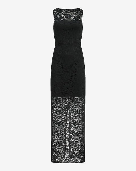 Lace Crew Neck Sleeveless Sheer Hem Maxi Dress - Pitch Black