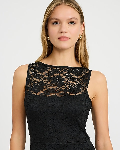 Lace Crew Neck Sleeveless Sheer Hem Maxi Dress - Pitch Black