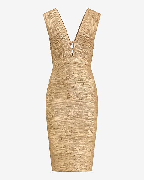 Express x bebe | Metallic V-Neck Keyhole Bandage Midi Dress - Honey Gold