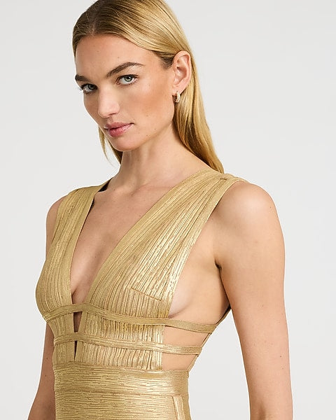 Express x bebe | Metallic V-Neck Keyhole Bandage Midi Dress - Honey Gold
