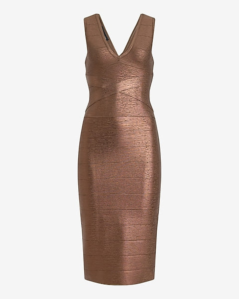 Express x bebe | Metallic V-Neck Sleeveless Bandage Midi Dress - BRONZE SHIMMER