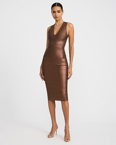 Express x bebe | Metallic V-Neck Sleeveless Bandage Midi Dress - BRONZE SHIMMER