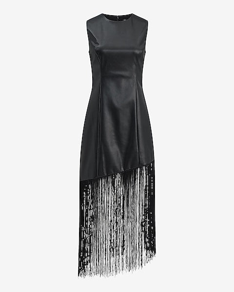 Faux Leather Asymmetrical Fringe Hem Midi Dress - Pitch Black