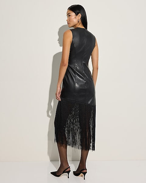 Faux Leather Asymmetrical Fringe Hem Midi Dress - Pitch Black