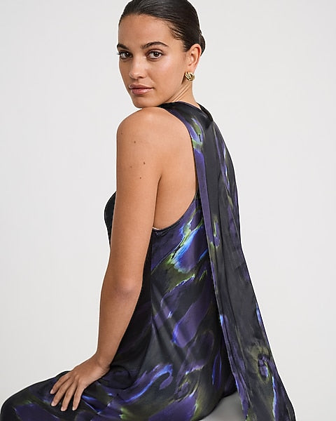 Printed Satin Tie Halter Maxi Slip Dress - Purple Print