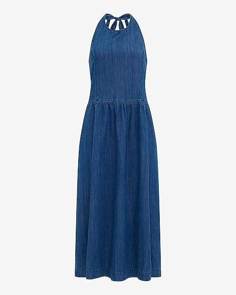 Denim Halter Drop Waist Fit and Flare Smocked Back Midi Dress - Light Wash