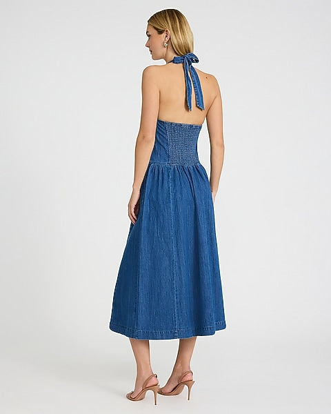 Denim Halter Drop Waist Fit and Flare Smocked Back Midi Dress - Light Wash