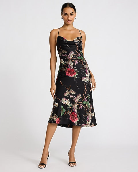 Floral Satin Cowl Neck Low Back Midi Slip Dress - Floral Print
