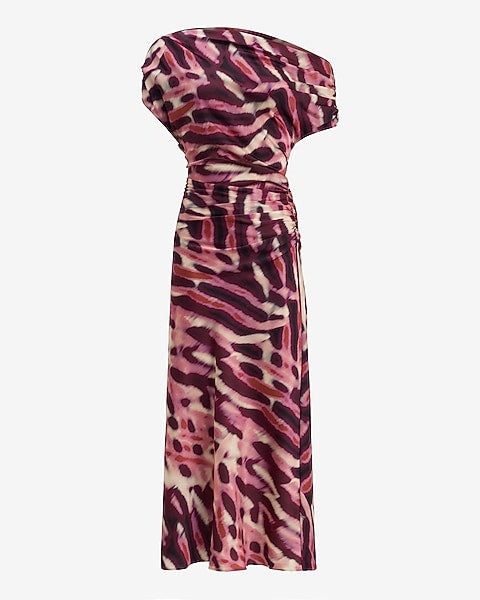 Printed Asymmetrical One Shoulder Ruched Midi Dress - Pink Print