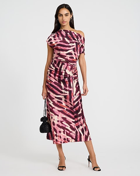 Printed Asymmetrical One Shoulder Ruched Midi Dress - Pink Print