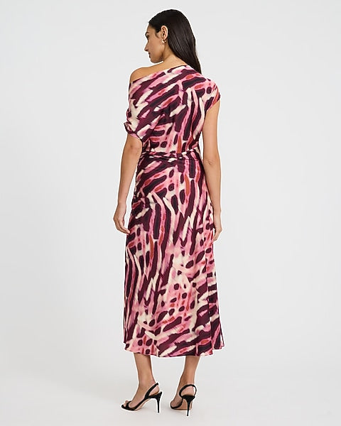 Printed Asymmetrical One Shoulder Ruched Midi Dress - Pink Print