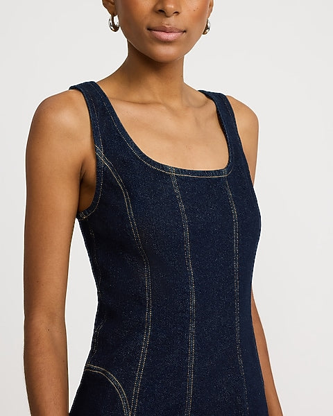 Stretch Denim Scoop Neck Seamed Midi Dress - Dark Wash