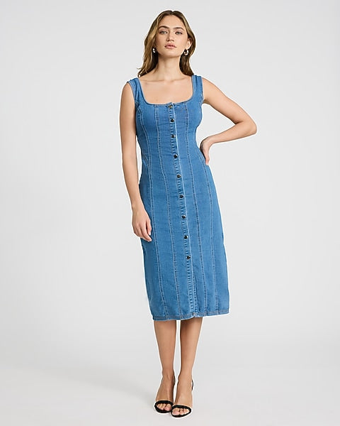 Stretch Denim Scoop Neck Button Front Seamed Midi Dress