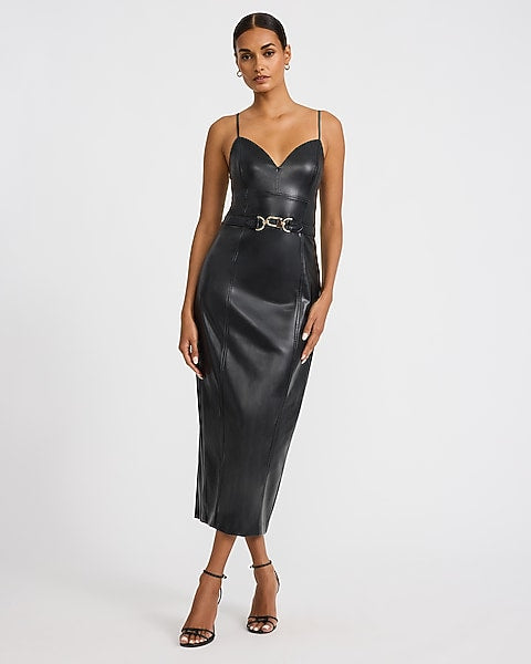 Faux Leather V-Neck Belted Maxi Sheath Dress