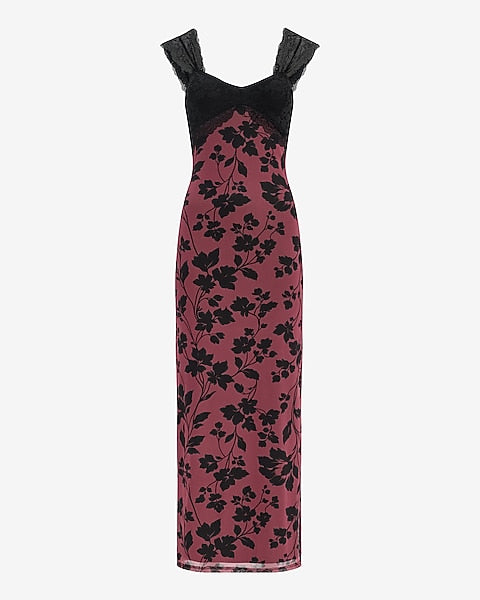 Mesh Printed Sweetheart Lace Pieced Maxi Dress