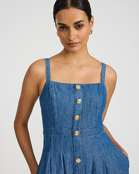 Denim Gold Button Front Midi Fit and Flare Dress with Pockets - Medium Wash